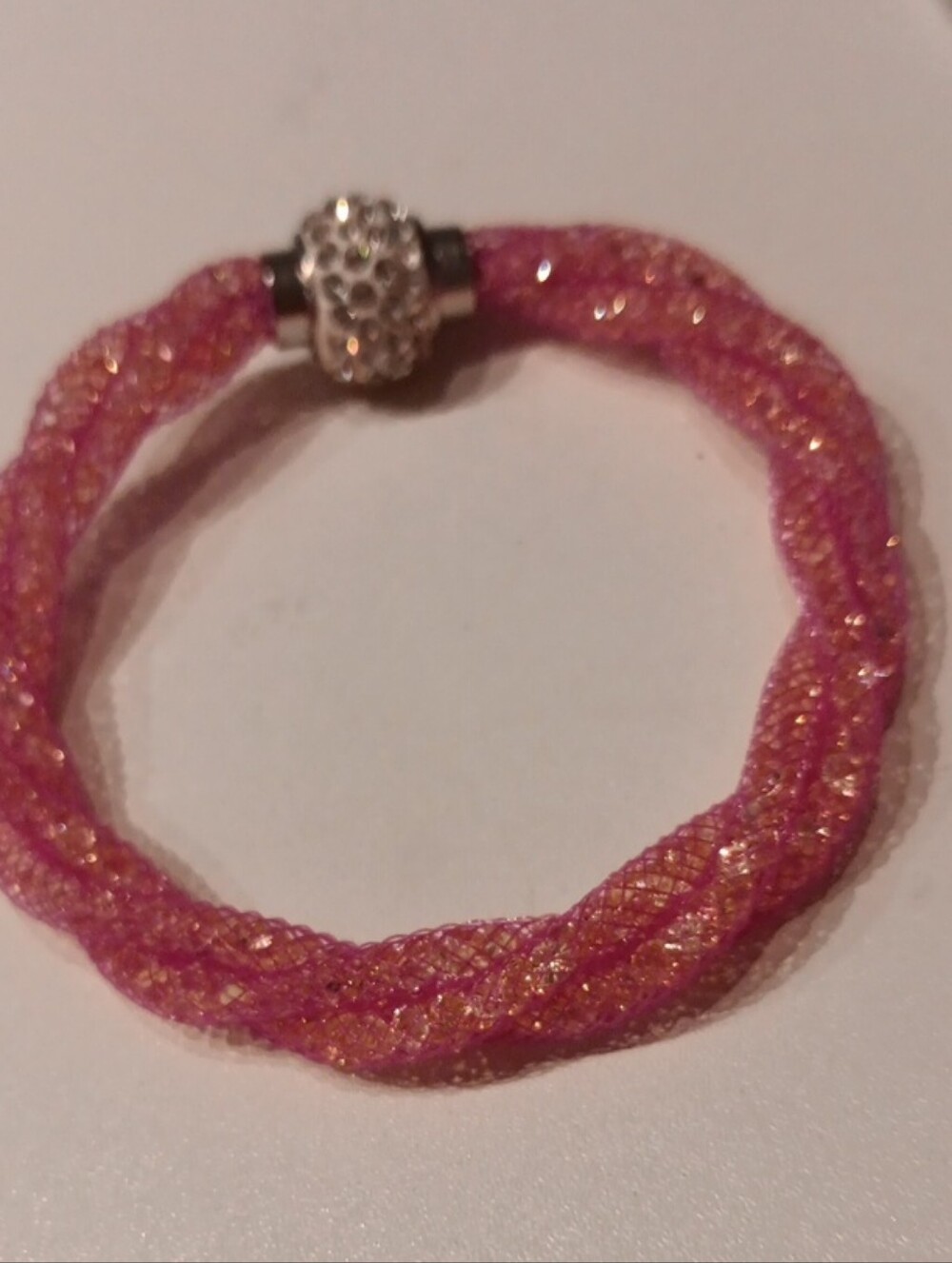 Pink Sparkle Braided Charm Bracelet with Silver Clasp